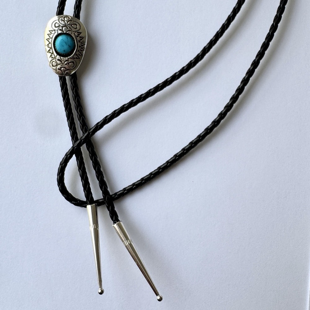 Navajo‎ Turquoise Bolo Tie Shadow Box Hand Stamped Skeets Sterling Native Amer - Picture 5 of 8